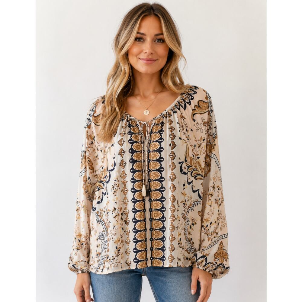 Women's Beige Paisley Peasant Blouse with Tie Neck